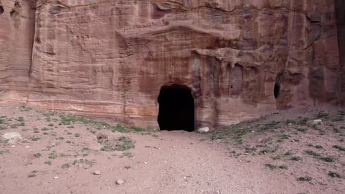 A Push In Shot of Ancient Temple Facade Carved Out of the Sandstone in Ancient City of Petra