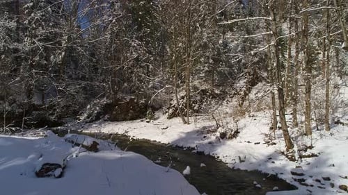 Aerial View Along a Calm Mountain River Surrounded By Magical Snowcovered Trees