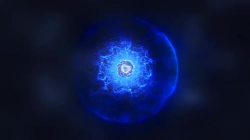 Abstract energy blue sphere atom with electrons glowing particles and magic field