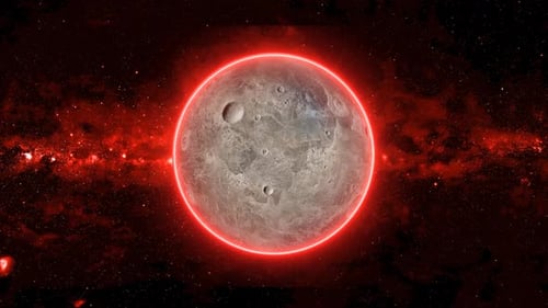 Animation des Mondplaneten vom Weltraum aus gesehen, Asteroiden, Wolke und Kosmos, 2408