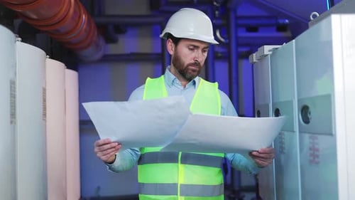 Engineer Holding Blueprints in Industrial Workplace