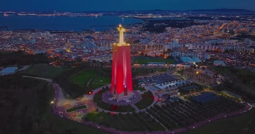 Aerial View of Christ the King in Lisbon on Catholic Monument at Sunset Lisbon Portugal At Night or