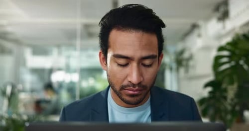 Business, thinking and man in office with laptop for planning, growth or development of creative