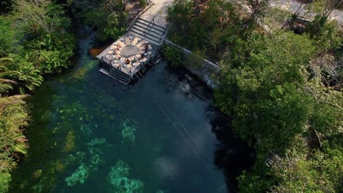 Aerial view of a beautiful cenote with calm turquoise blue water in the Riviera Maya surrounded by t