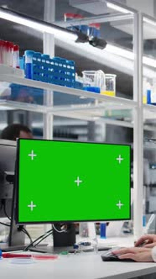 Vertical Video Lab Technician at Desk Typing on Green Screen PC Keyboard
