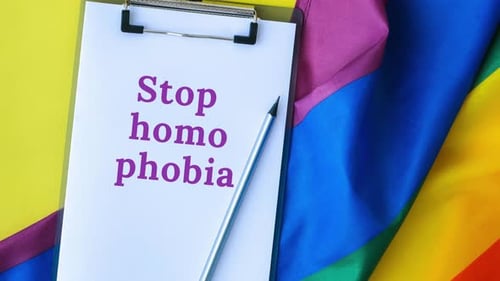 Zoom in Out Rainbow Flag with Text STOP HOMOPHOBIA Message Paper Note