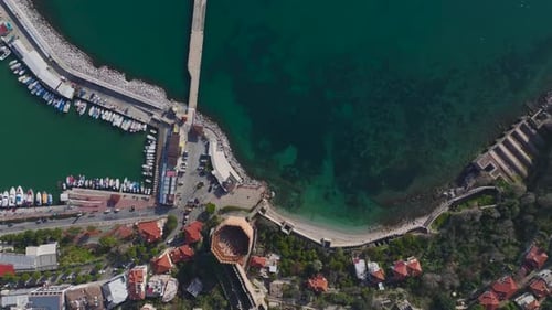 Aerial Video of a Coastal City Panorama With a Breathtaking View of the Azure Sea and a Clear Blue