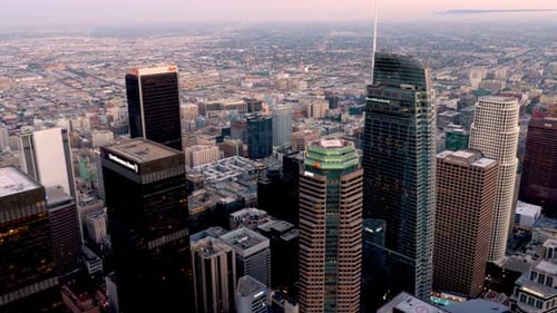 Aerial shot of downtown Los Angeles at twilight.