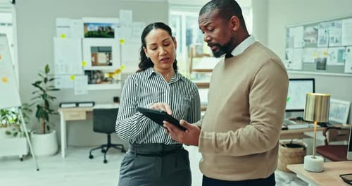 Business people, designer teamwork and tablet for office collaboration, planning architecture