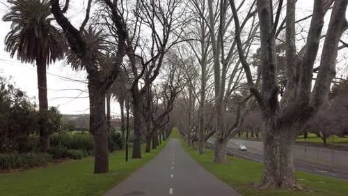 Quiet walkway during an overcast day in Melbourne, empty bike lane, no people