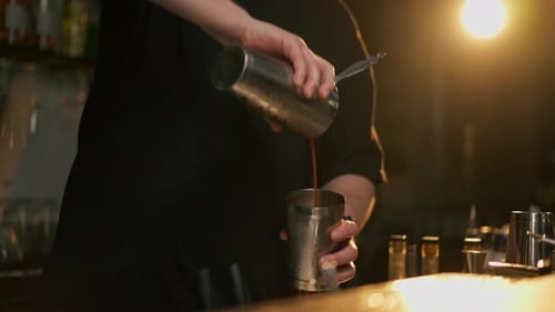 Bartender Makes Cocktail at the Bar at Night