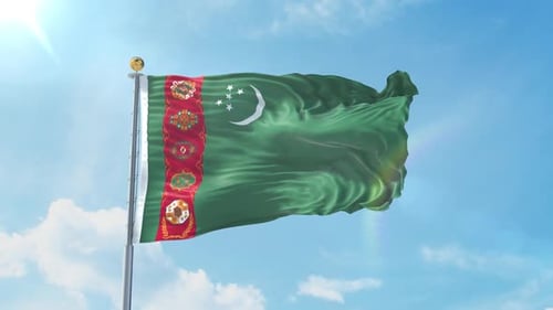 Realistic Turkmenistan Flag Waving Under Sunny Blue Sky