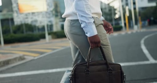 Walking, city and business man with bag in street for morning commute, travel and journey