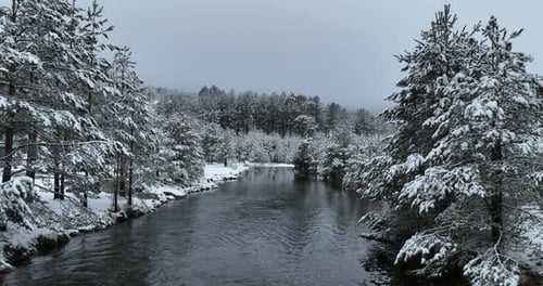 An Aerial View of a Frozen River Flowing Through Snowcovered Forests on a Cloudy Sunset Sky