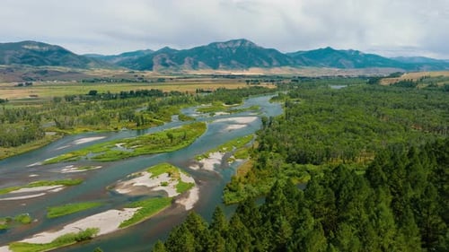 Spectacular Panoramic Mountain Valley With Stunning Flowing River Aerial View