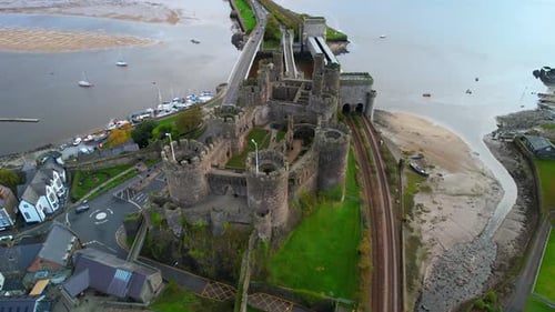 Aerial drone shot of Conwy Castle, on the North Wales coast, UK