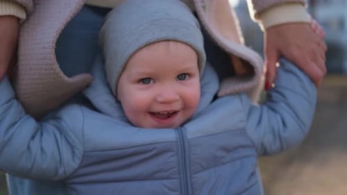 Happy Family Outdoor Mother Child on Walk in Park Mom Playing with Baby Son Outdoor Woman Little