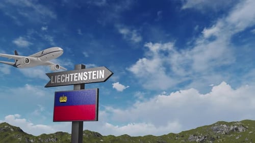 Liechtenstein Flag With Airplane And Arrow Sign