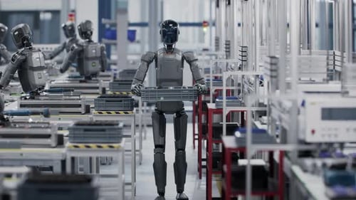 Humanoider Roboter, der Container in einer fortschrittlichen automatisierten Produktionsanlage trägt
