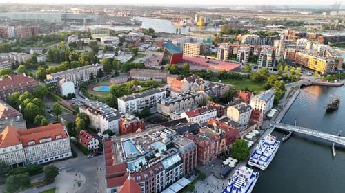 Aerial Drone Video Flying Over the Historic Tourist Center of Gdansk on a Summer Afternoon Poland