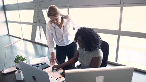 Two Business Women Collaborating on Data in Office