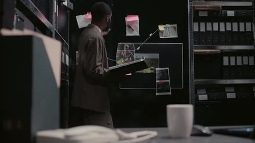 Man Analyzes Evidence Board in Dimly Lit Office