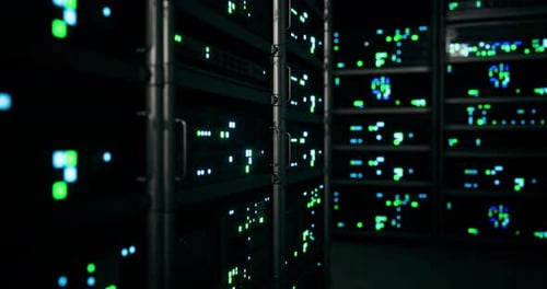 Server Racks in Data Center with Blinking Lights Animation