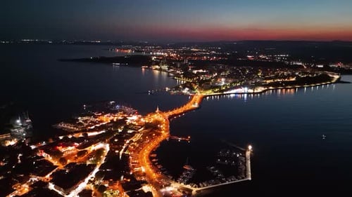 Night Aerial View of City by the Sea