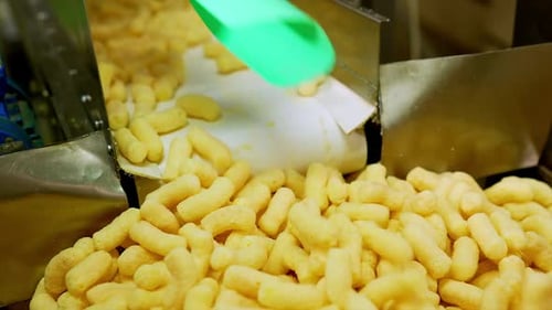 Worker’s gloved hand moves a mass of corn sticks with spatula.