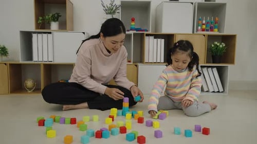 Woman and Child Play with Building Blocks at Home