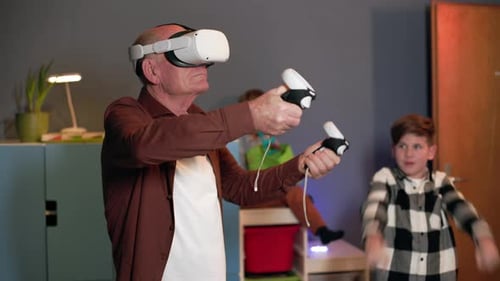 Grandfather Plays Virtual Reality Game with Family