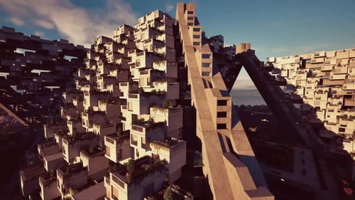 Diseño futurista con estructuras adosadas y exuberante vegetación