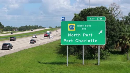 American Interstate Highway Directional Exit Sign on Fast Motorway in Florida USA I75 Freeway