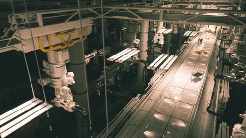 Industrial Facility Interior with Pipelines and Machinery at Night