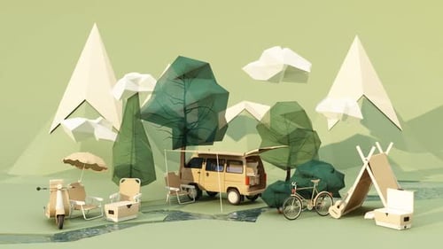 Animated Low Poly Camping Scene with Van and Mountains