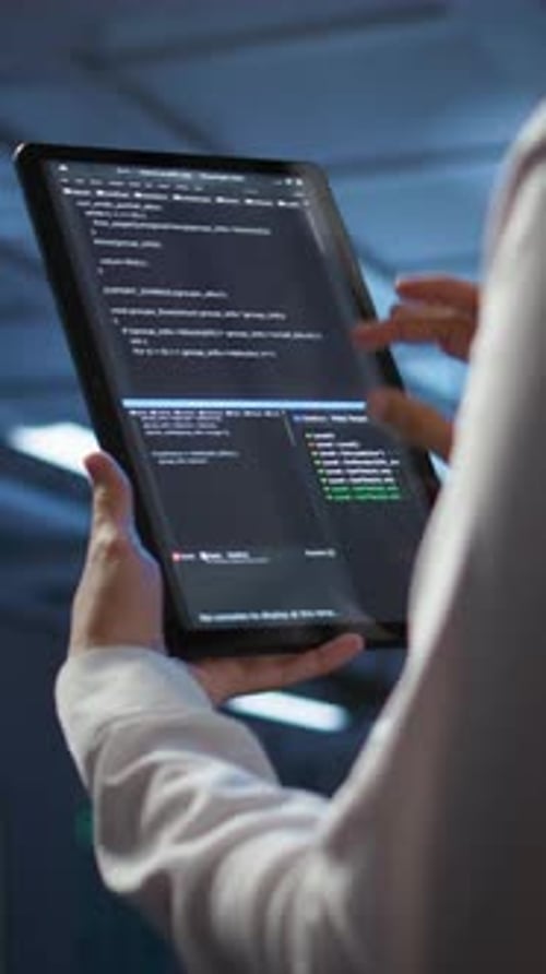 Vertical Video Close Up of Woman Doing Maintenance in Server Room Using Tablet