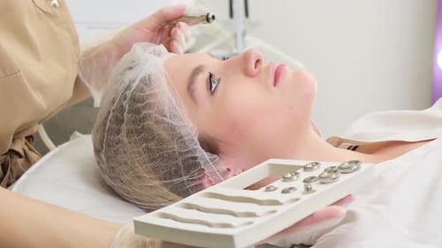 A Dermatologist Examines the Skin on a Young Woman's Face A Beautician at Work in His Office