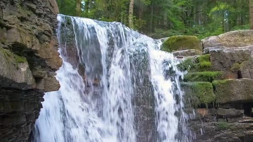 Amazing Landscape of Beautiful Waterfall on Mountain River with White Foamy Water Falling Down From