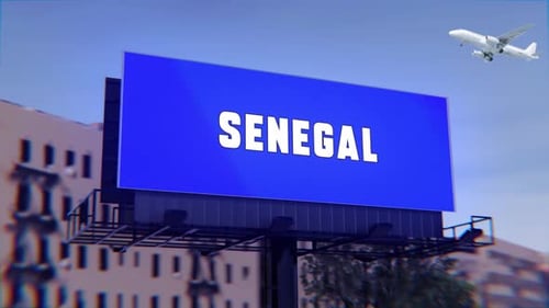 Senegal Road Sign With A Street Billboard And An Airplane Taking Off In The Background