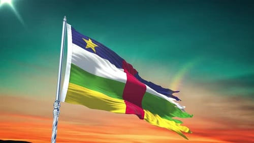 Realistic Central African Republic Flag Waving Against a Sunset Sky