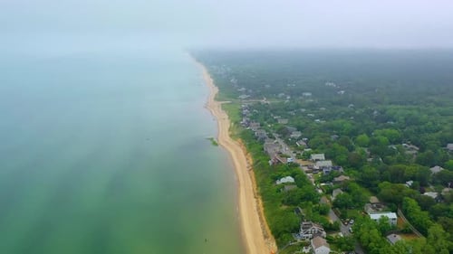 Cape Cod Beach Houses and Shoreline on a Misty Cloudy Morning