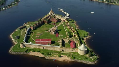 Aerial Footage of Ancient Fortress Oreshek on an Island at the Mouth of the Neva River on a Sunny