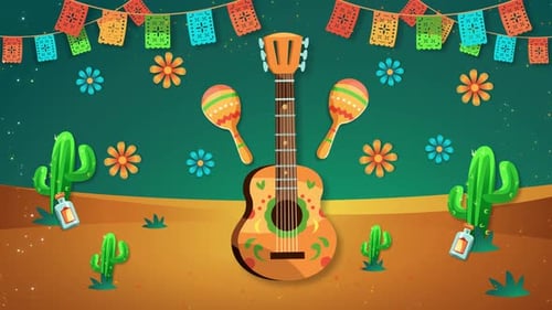 Animated Mexican Fiesta Celebration with Guitar and Papel Picado