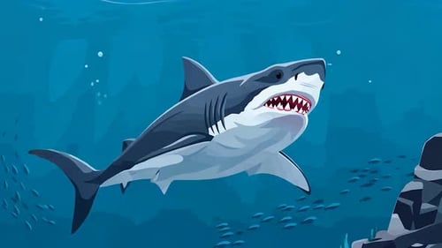 Great White Shark Swimming Underwater in Ocean, Aquatic, Marine Animals , Cartoon Animations