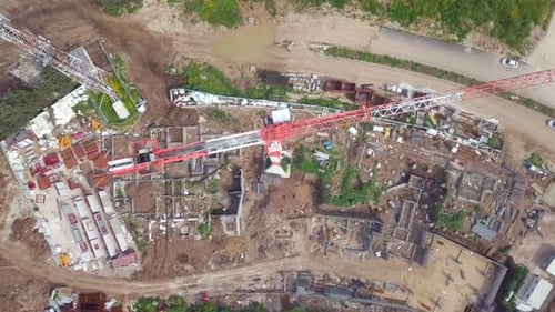 Large residential construction site with cranes, Aerial view