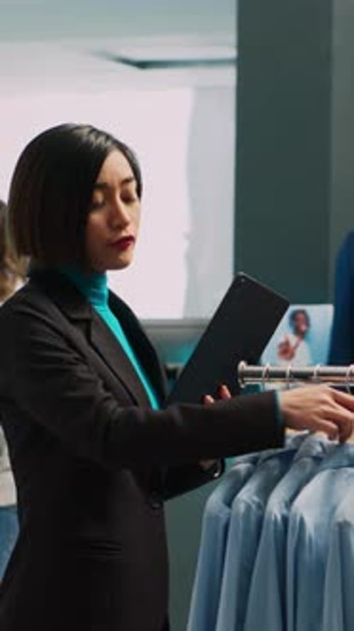 Vertical Video Asian Shop Assistant Working on Store Stock with Tablet