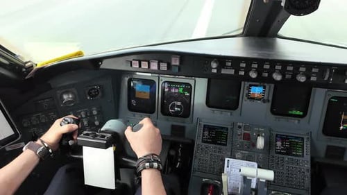 Startansicht in Echtzeit, wie sie der Pilot in einem modernen mittelgroßen Jet gesehen hat. Seite des Kapitäns. Tageslicht. 4K