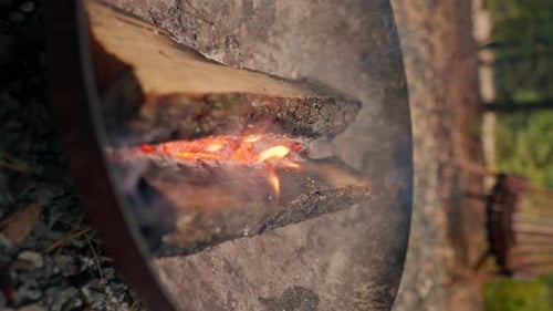 A close-up of wood burning in an open fire A bright flame of fire burns log for outdoor barbecuing