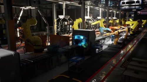 Automated Conveyor Belt with Robotic Arms in a Busy Manufacturing Facility