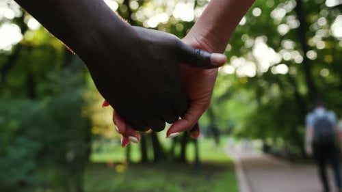 Close Up African American Couple Holding Hands and Walking in Park Woman Sunny Love Summer Man